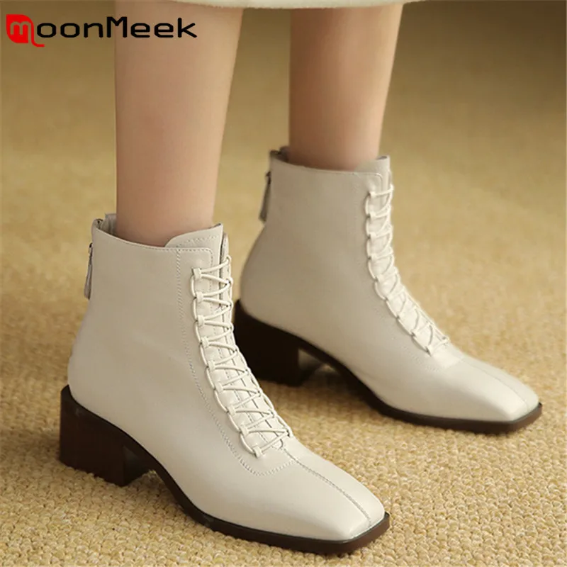 

MoonMeek 2022 New Arrive Thick Heels Ankle Boots Women Genuine Leather Boots Cross Tied Zip Classic Dress Office Shoes Ladies