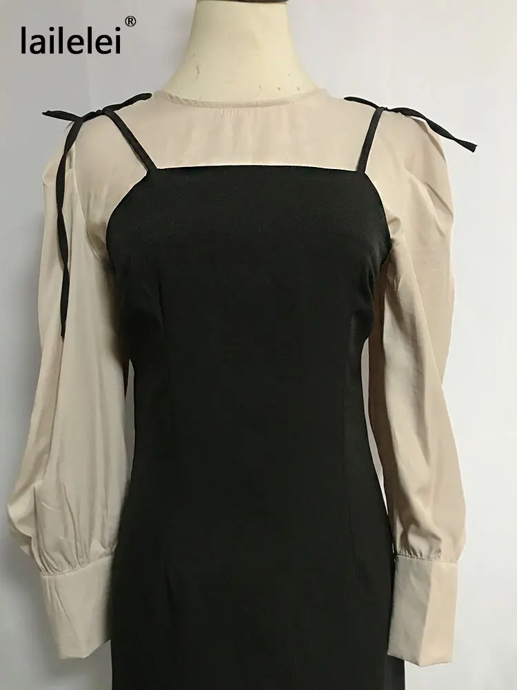 

2 Piece Set Puff Sleeve Women Blouse And Slim Waist Drawstring Dress 2021 Spring New O-neck Solid Color All-match Women Suit