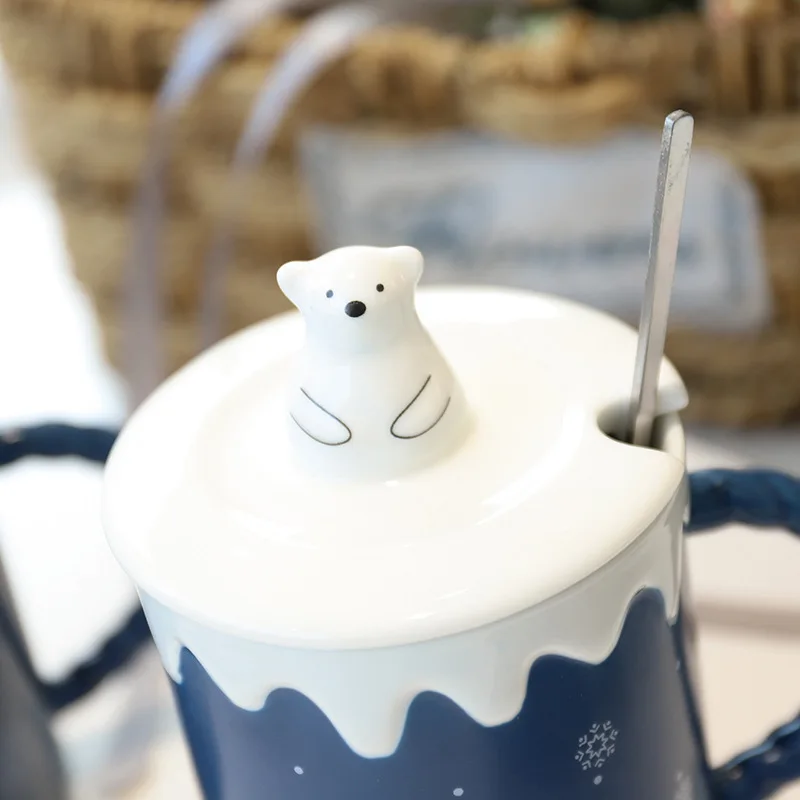 Creative bear ceramic mug cartoon mark cup coffee with lid and spoon | Дом и сад