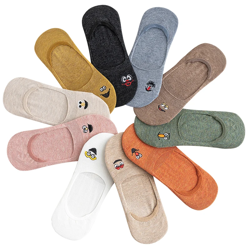 

Embroidered Expression Woman Socks Cool Invisible Sock Slippers Women Summer Boat No Show Cotton 1 Pair Candy Color