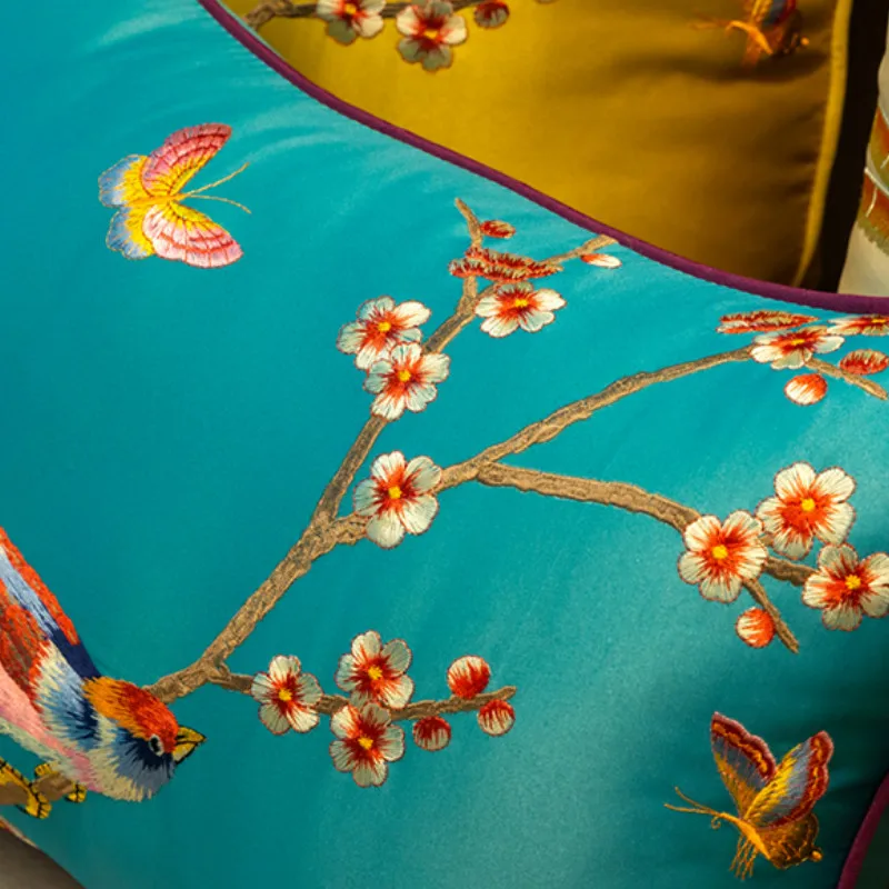 DUNXDECO Cushion Cover Decorative Pillow Case Modern Chinese Orioles Butterfly Flora Luxury Embroidery Coussin Sofa Decorating