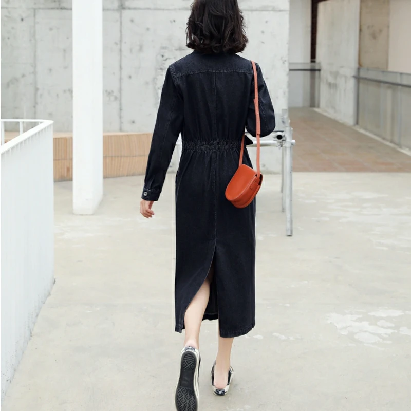 Джинсовое платье женское осеннее Новое корейское модное приталенное черное