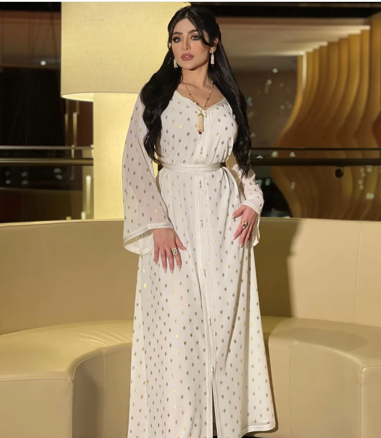 

Two Pieces Belt Dress Set For Women Muslim Ramadan Eid Jalabiya White Dot Bronzing Dubai Arabic Kaftan Maxi Dresses Clothing