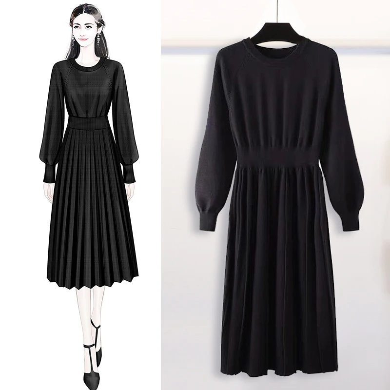 Элегантное плиссированное платье свитер А силуэта Женское зимнее однотонное с