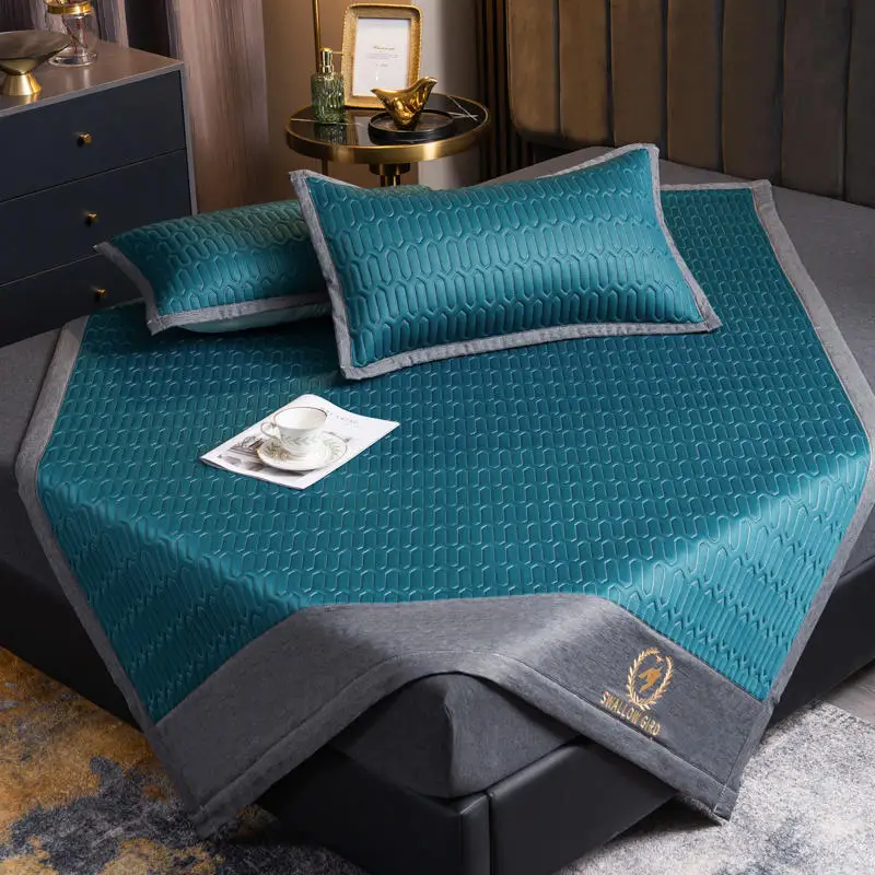 

3PCS Houndstooth Embroidery Latex Mat Four Seasons Bedding Set Skincare Fabric Cool Mattress Cover Protection Sheet Pillowcase