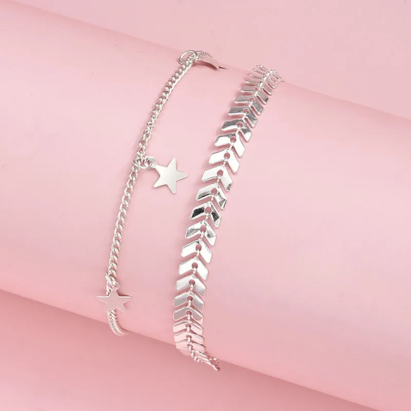 

2021 New 2 pcs/set Fashion Creative Star Pendant Anklet for Women Foot Beach Jewelry