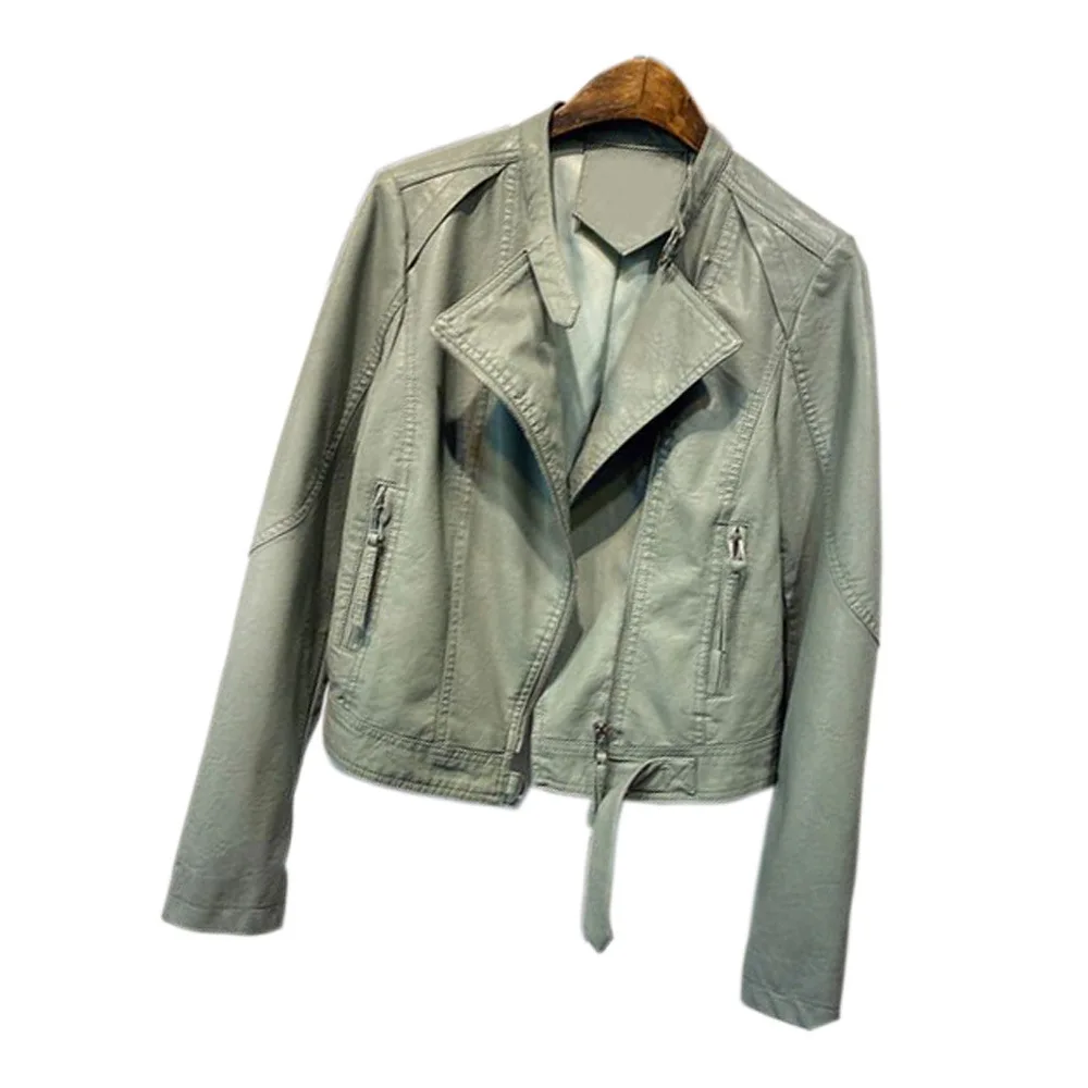 Loose Fit Big Size Asymmetrical Pu Leather Jacket New Lapel Long Sleeve Women Coat Fashion Spring Autumn 2021