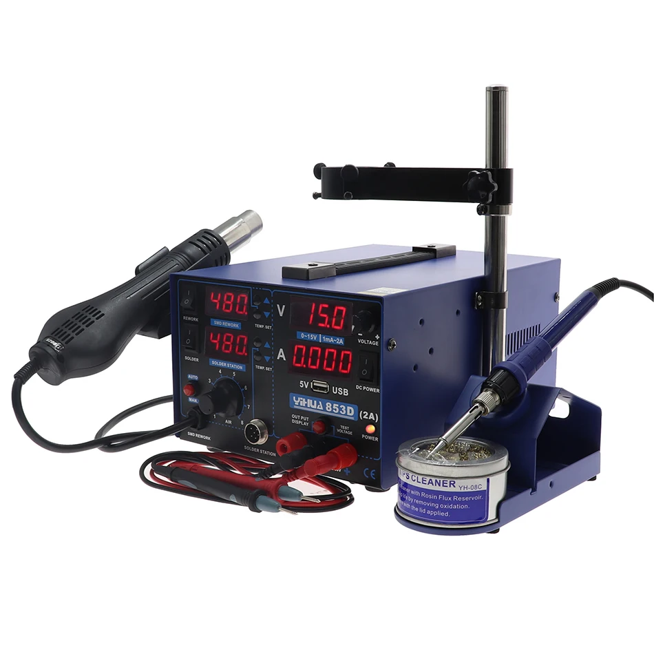 

YIHUA 853D Soldering Station 4 in 1 Hot Air Gun Soldering Iron USB Output 15V 2A DC Power Supply BGA Rework station