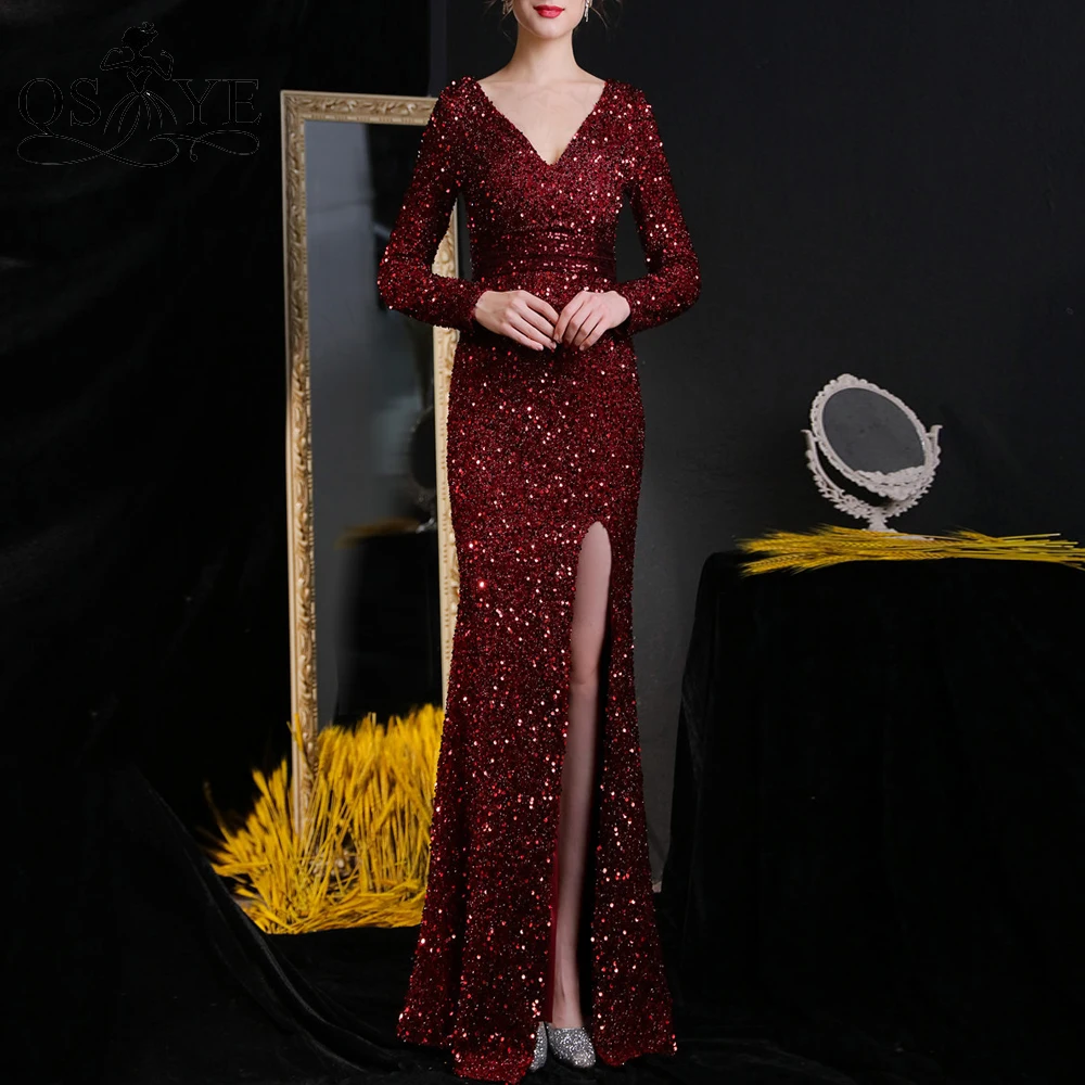 

Burgundy Evening Dresses Sequined Long Sleeves Mermaid Prom Gown Glitter V Neck Party Dress Elegant Wide Waist Belt Formal Gown
