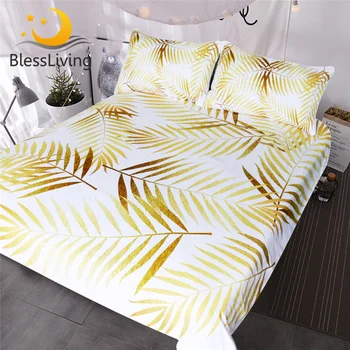 BlessLiving Modern Palm Leaf Bedding Set Tropical Floral Botanic Print Duvet Cover 3pcs Gold White Coastal Life Havana Bed Set 1