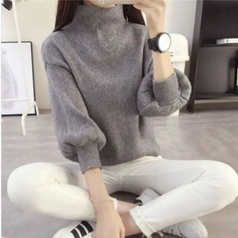 

Свитер Женский вязаный однотонный с высоким воротником и рукавами-фонариками