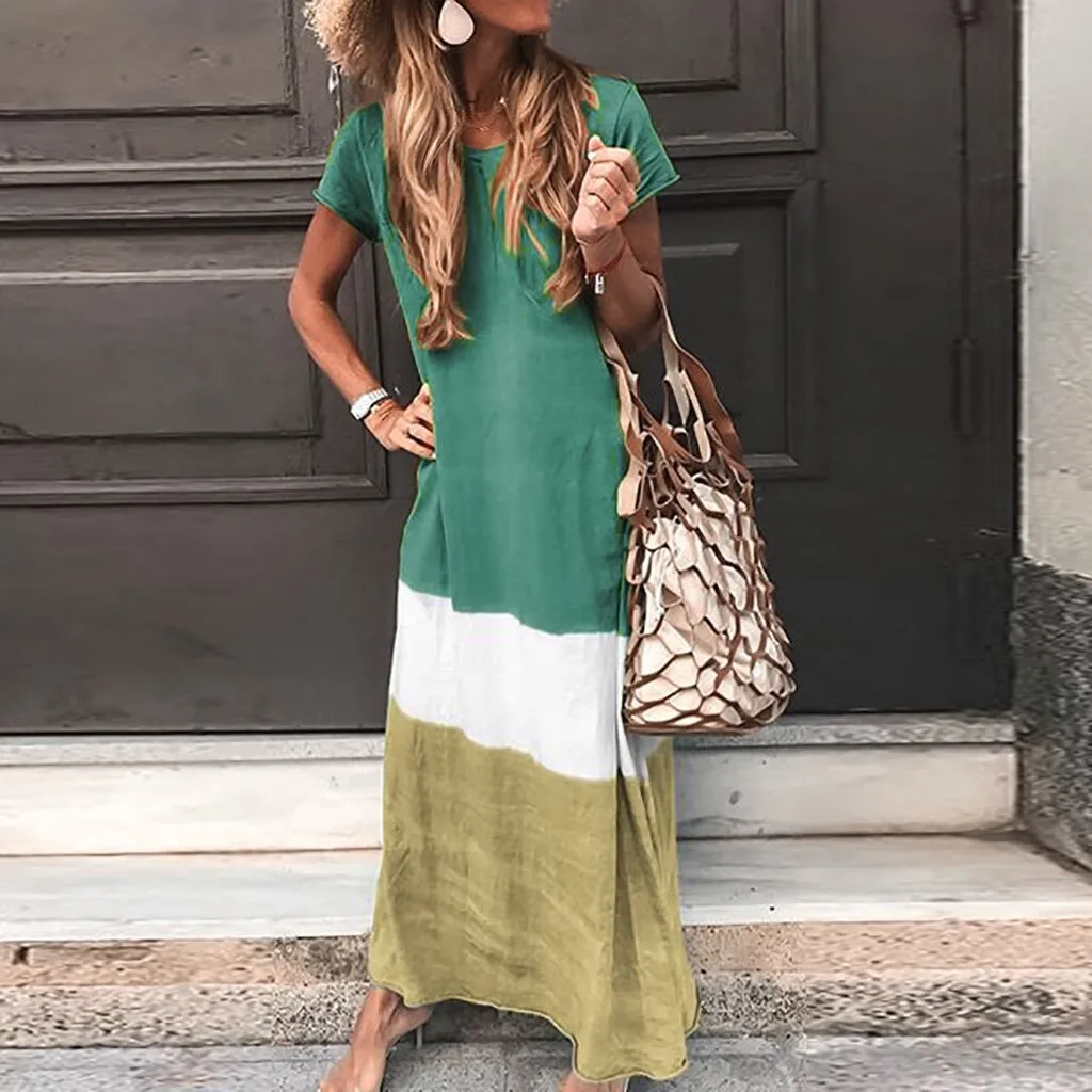 MISSOMO Maxi dress Women Loose Color Block Patchwork Long Dress Short Sleeve Casual beach Summer Dresses women 925 | Женская одежда