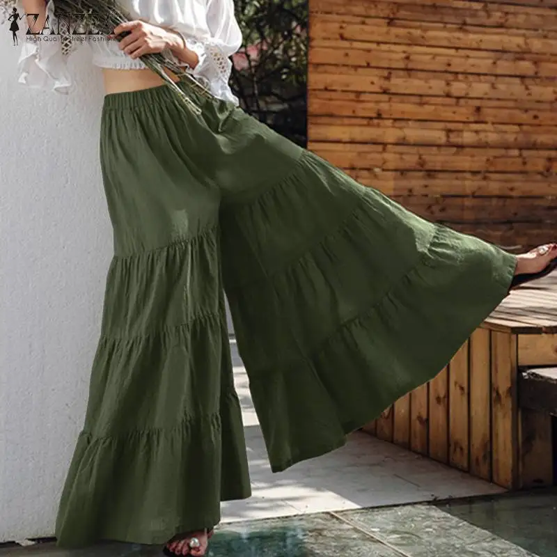 ZANZEA 2021 Ruffle Trousers Fashion Women's Wide Leg Pants Elastic Waist Pantalon Palazzo Female Oversized Solid Casual Turnip | Женская