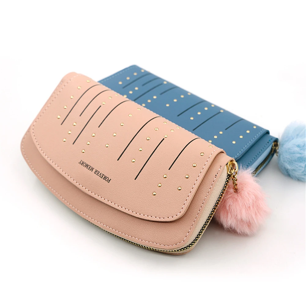 

New Women Zipper Bag with Multi-card Banknotes Long Ladies Wallet Card Purse Pu Leather Wallet with Fur Ball Ornaments Phone Bag