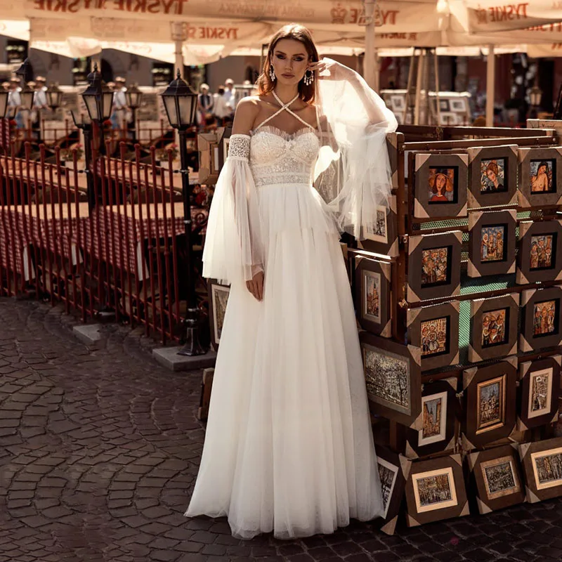 

Boho Tulle Wedding Dress For Women 2021 Halter Neck Princess Bridal Gown White Ivory Flare Sleeves Lace A-Line vestido de novia