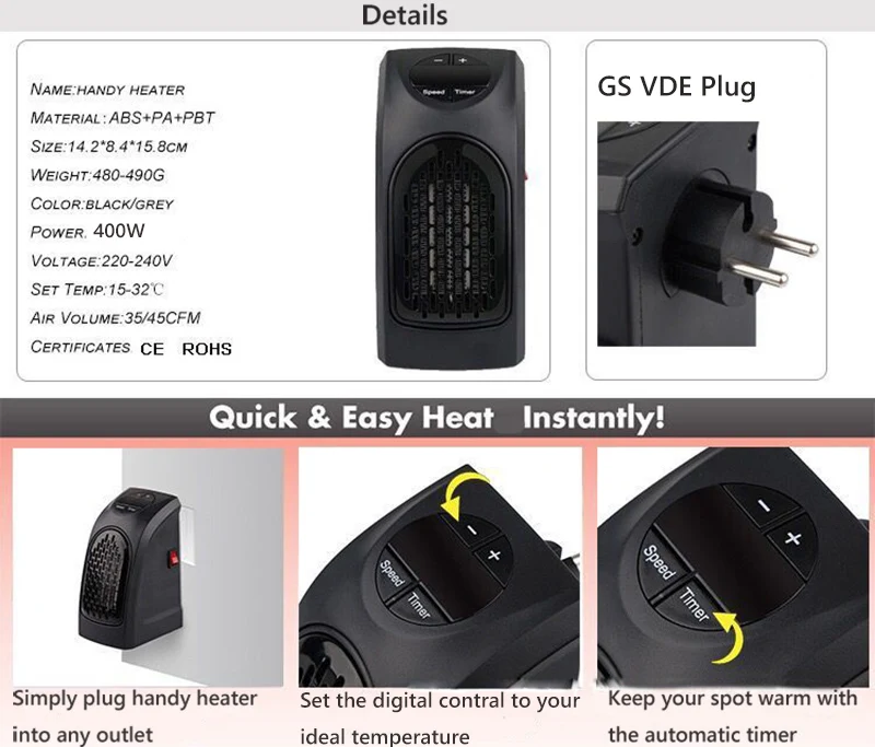 

Calentador de aire, miniventilador de aire caliente para oficina, con enchufe de EE. UU., UE y Reino Unido