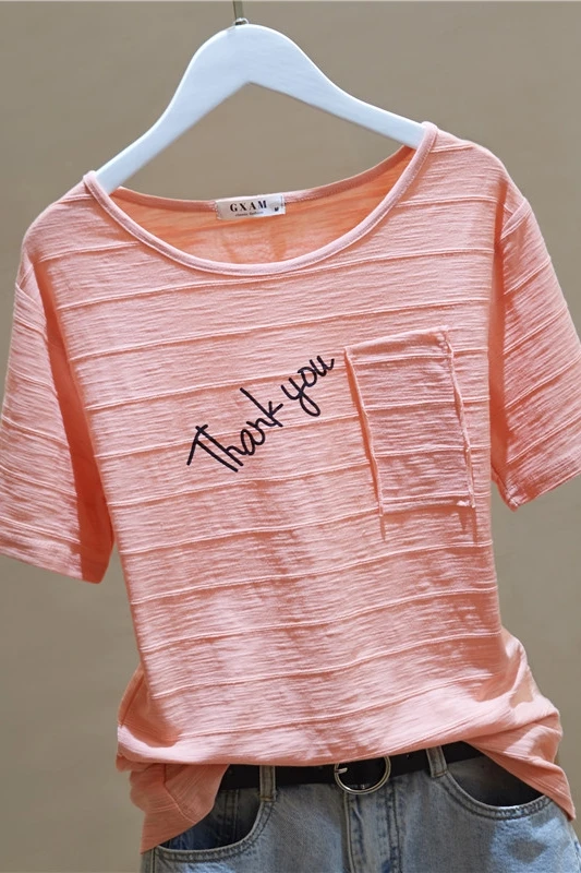 

2021 Summer Cotton Short Sleeve T-shirt Women Printed Letter O-Neck Comfortable T Shirt Casual Pink Tops Bottoming Tees Fashion