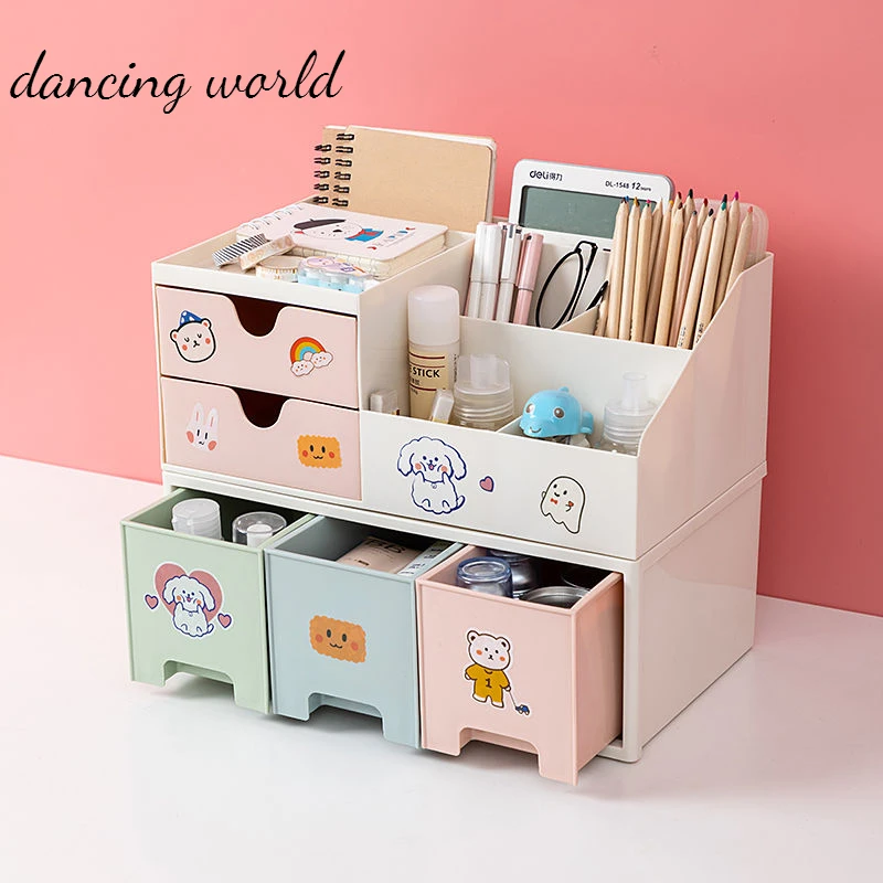 

2021 Ins Kawaii Deskpot Organizer Makeup Storage Box Container Drawer Cabinet Rack Send Sticker Home Decor Office Accessories