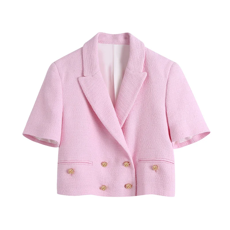 

Women Pink Twill Elegant Blazer Jacket 2021 Spring Short Sleeve Office Casual Short Coat Turn Down Collar Ladies Tops Outerwear