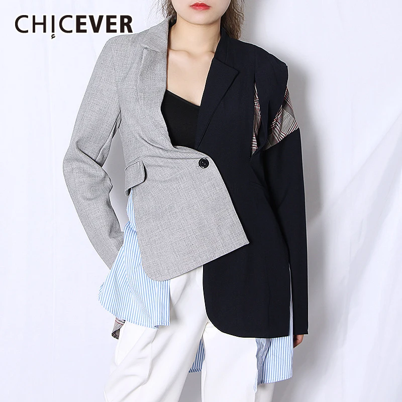 

CHICEVER Patchwork Casual Women's Blazers Notched Long Sleeve Tunic Hit Color Asymmetrical Coats Female 2021 Autumn Clothes New