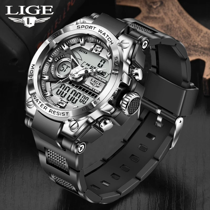 

Часы наручные LIGE мужские электронные, брендовые цифровые спортивные модные в стиле милитари, водонепроницаемость 50 атм