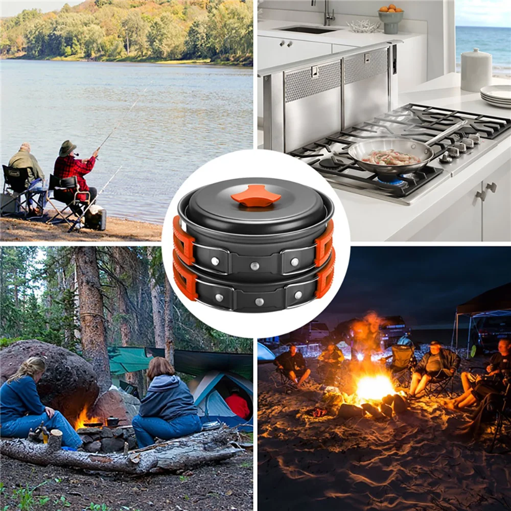 

9pcs/Set Camping Cookware Utensils Dishes Outdoor Cooking Teapot Picnic Tableware Kettle Pot Frying Pan Camping Equipment