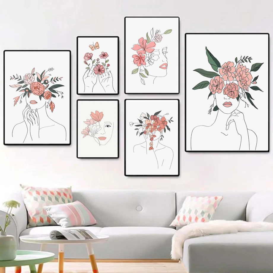 Абстрактная девушка портрет линии цветы ваза настенное искусство холст живопись