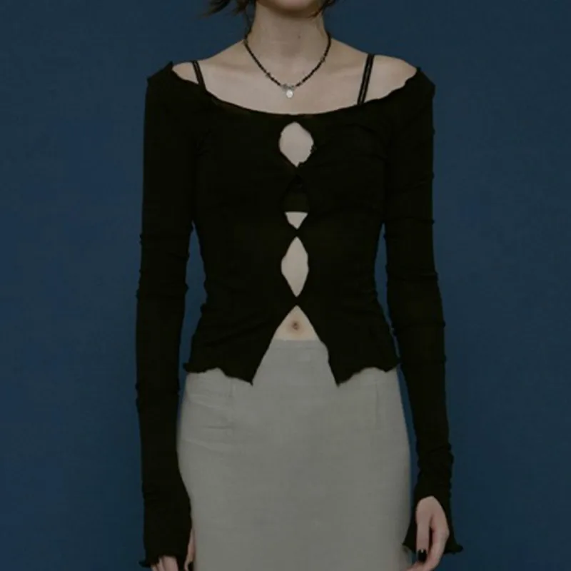 

Sexy solid hollow out top long sleeve O-neck t-shirt woman 2021 casual Autumn Spring top