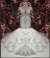 african cap sleeves mermaid wedding dress ruffle royal train black bride dress beading plus size pageant formal bridal gown