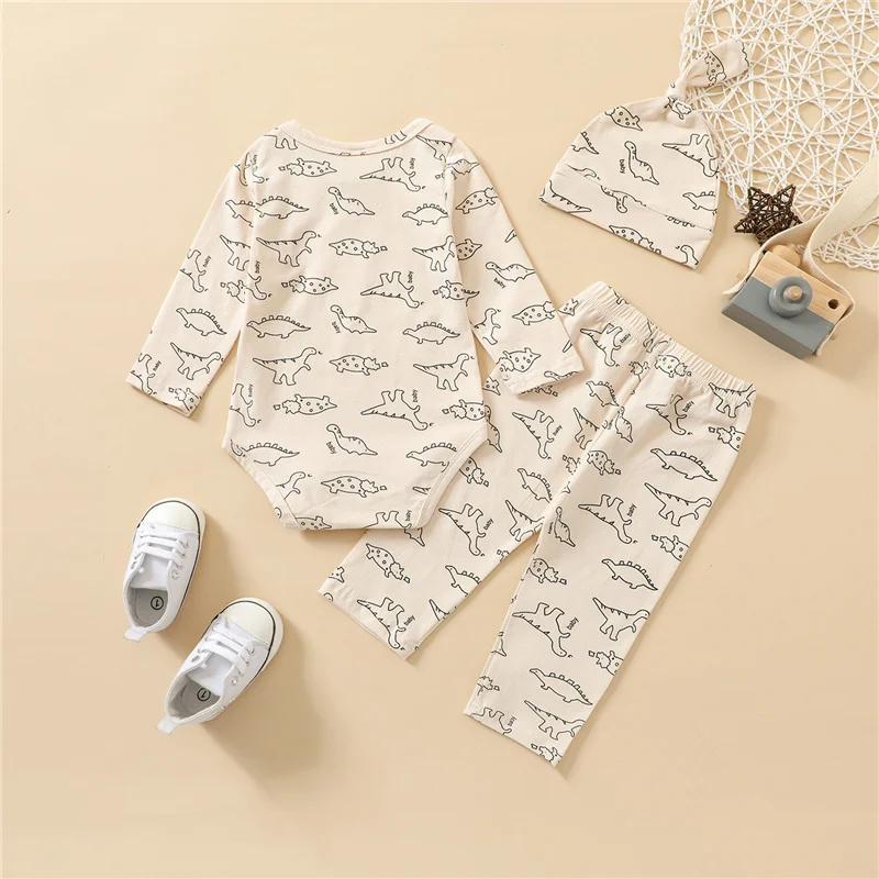 

3Pcs 0-2Years Newborn Baby Boys Cotton Outfits,Toddler Infant Boys Cartoon Dinosaur Printed Long Sleeve Romper+Trousers with Hat