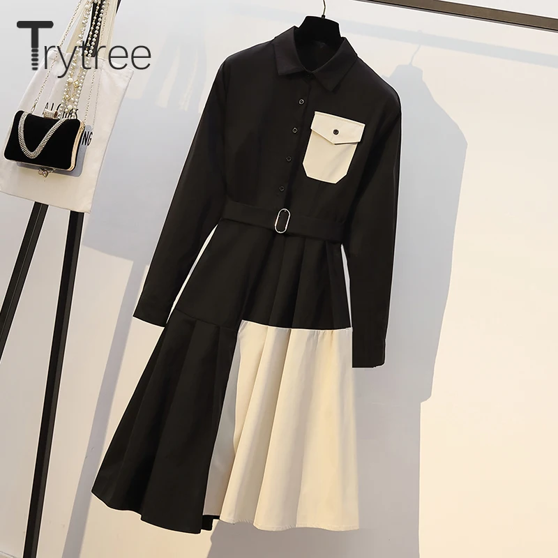 Осенне зимнее женское платье рубашка с отложным воротником и поясом|Женские