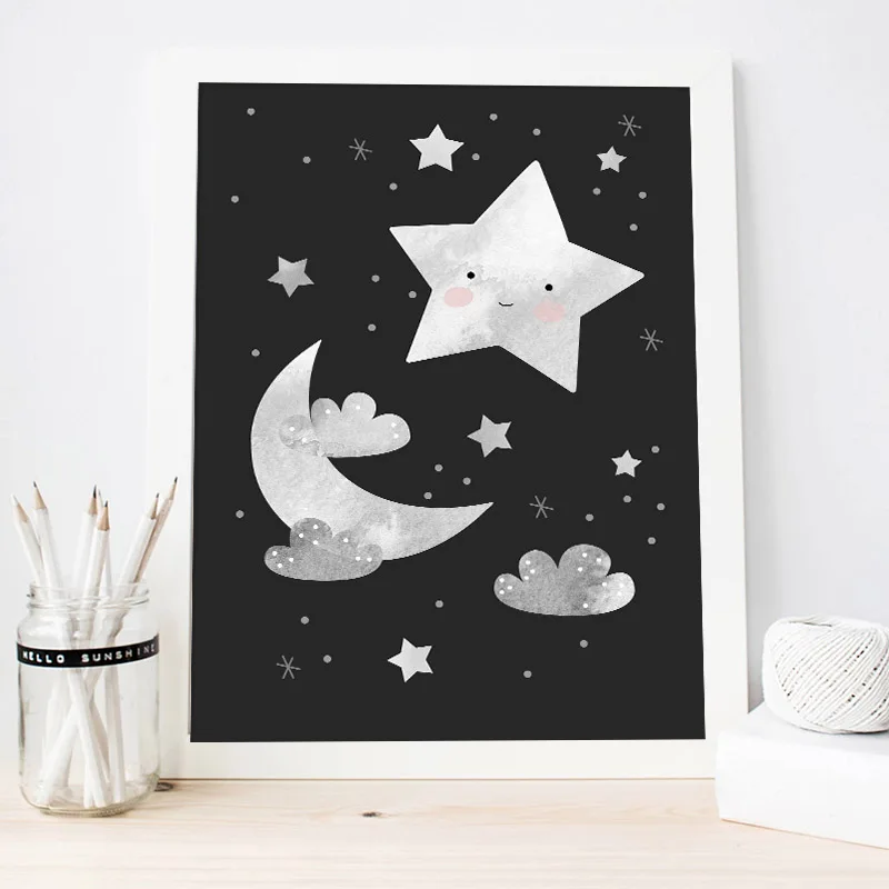Черно-белый детский плакат Луна Звезда мультяшный фон Картина на холсте в