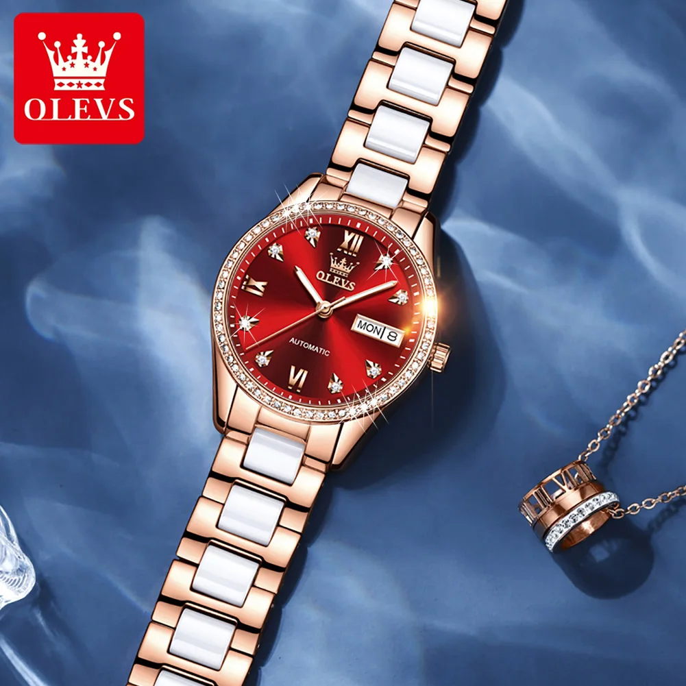 OLEVS Automatic Mechanical Watch Women's Bracelet Set Luxury Ceramic Diamond Watch Luxury Women's Sports Waterproof Clock 6637 enlarge