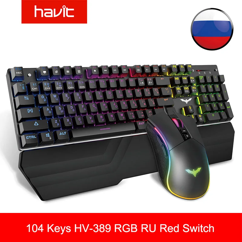 

HAVIT Mechanical Keyboard Mouse Set 104 Keys Blue Switch Gaming Mouse RGB Light Wired USB For Russian US UK GER/DE Version