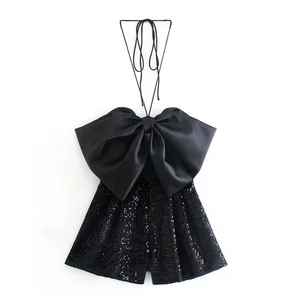 MESTTRAF French Design Sexy With Bow Sequinned Backless Playsuits Vintage Off The Shoulder Adjustabl