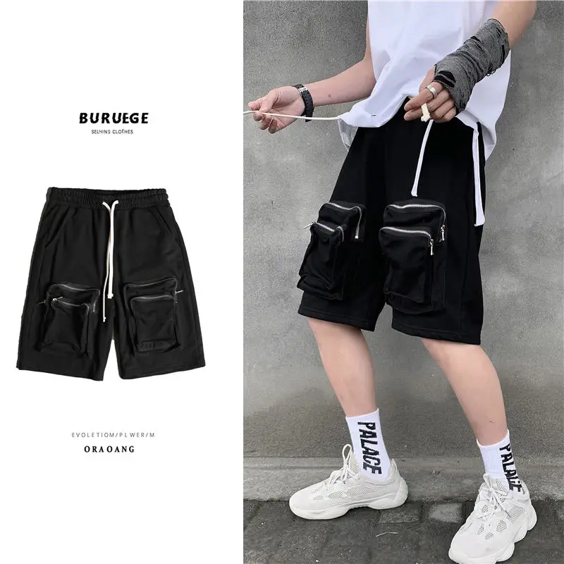 

Summer Drawstring Shorts Men's Fashion Retro Zipper Pocket Shorts Men Streetwear Loose Hip-hop Black Shorts Mens M-2XL