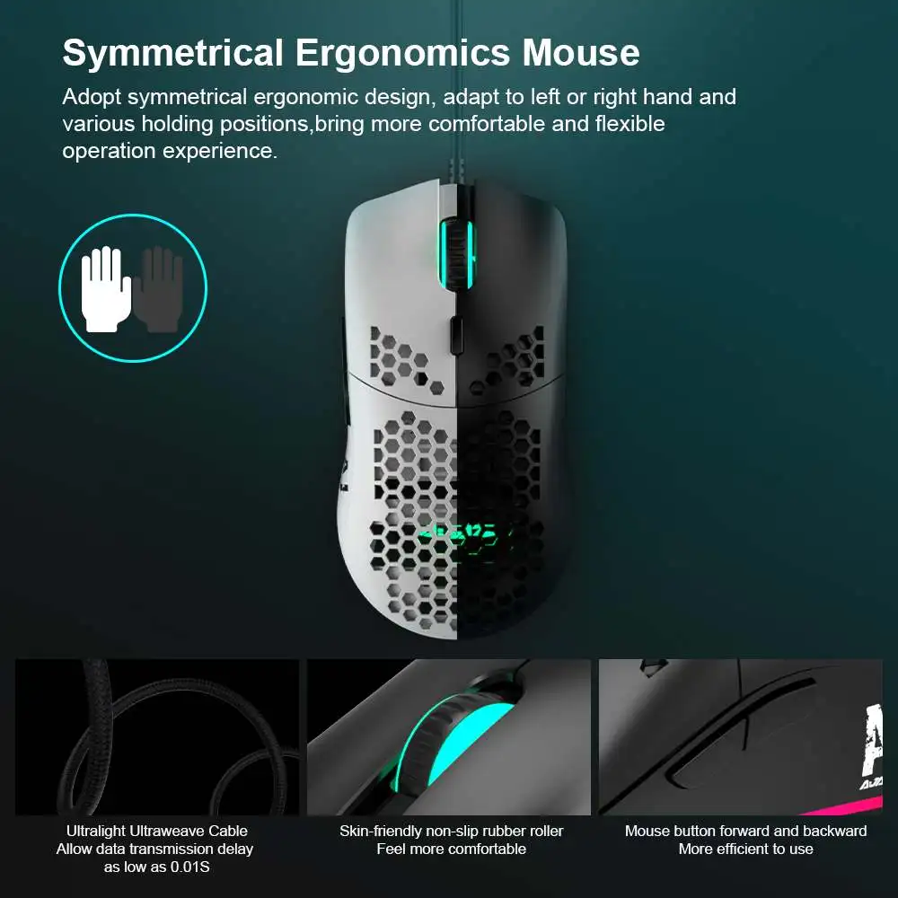 

Ajazz AJ390 Wired Gaming Mouse Honeycomb Hollow 16000DPI 7 Buttons USB Wired Mice with 6 Colors LED Backlight