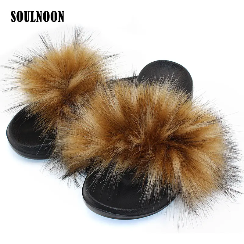 Женские меховые шлепанцы сланцы из искусственного лисьего меха теплые домашние