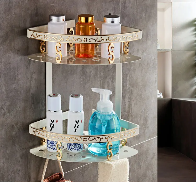 

European Style Antique Toilet Space Aluminum Corner Shampoo Storage Rack Wall Hanging Bathroom Tripod Hole Free