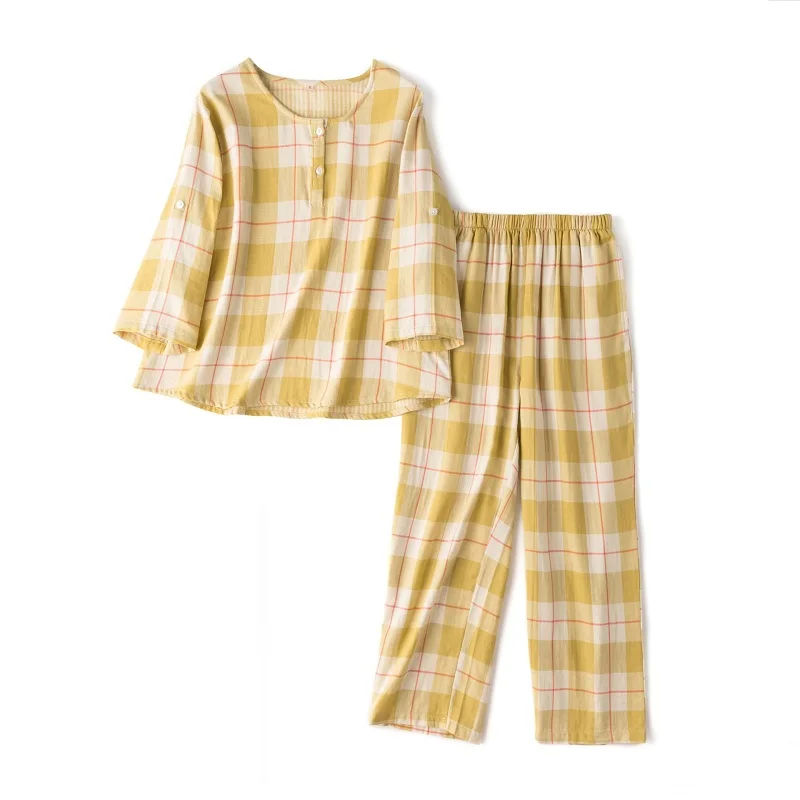 

Plaid Cotton Pajama Set Double Gauze O-neck Pullover Pajamas Women Summer Yellow Thin Style Pants for Women Home Pijama Verano