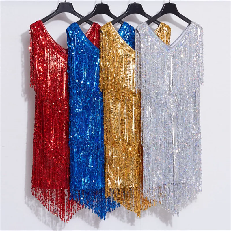 Блестящее платье с кисточками и бахромой женское сексуальное мини облегающее