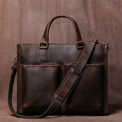 Винтажная мужская сумка ZRCX, портфель, мужские сумки через плечо из натуральной кожи Crazy Horse, коричневая деловая модная сумка для ноутбука 16 дюймов
