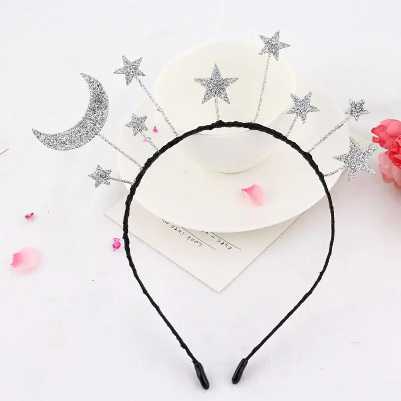 

Princess Girl Halloween Party Crown Headband Glitter Powder Moon Star Charms Metal Alloy Hair Hoop Birthday Tiara Headpiece