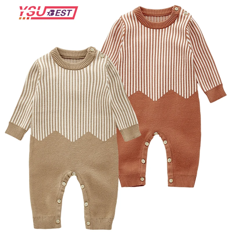 

New Baby Rompers Knitted Autumn Long Sleeve Infant Boys Girls Jumpsuits Stripe Playsuits One Piece Children's Sweaters Outfits