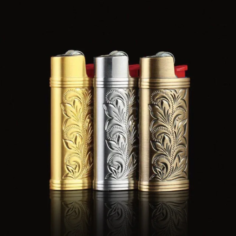 

Metal Armor Mini Size Lighter Pouches Arabesque Hollow Carving J5 Lighter Case Explosion proof Lighter Case cover Holder For Bic
