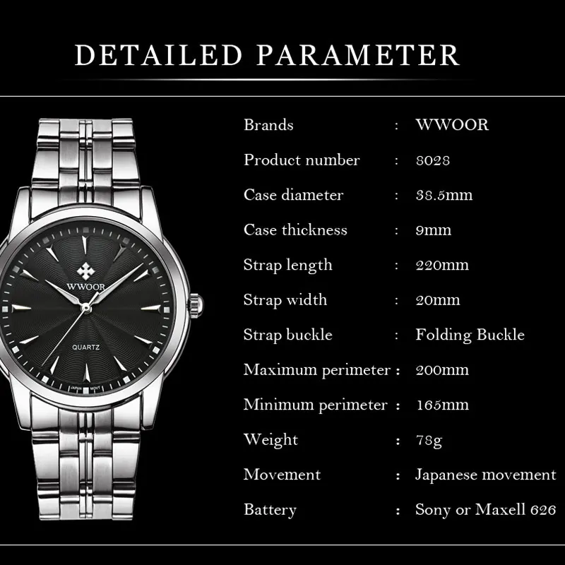 

WWOOR TOP Brand Fashion Men Watches Quartz Watches for men Business steel Wristwatches Waterproof Men Watches reloj hombre