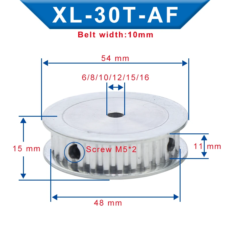 

Pulley XL-30T Inner Bore 6/8/10/12/15/16 mm Aluminum Material Belt Pulley AF shape Slot Width 11 mm Fit For XL-10mm Timing Belt