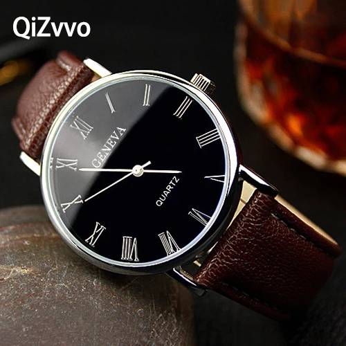 

QiZvvo Men Watch Roman Numerals Blu-Ray Faux Leather Band Quartz Analog Business Wrist Watch montre homme