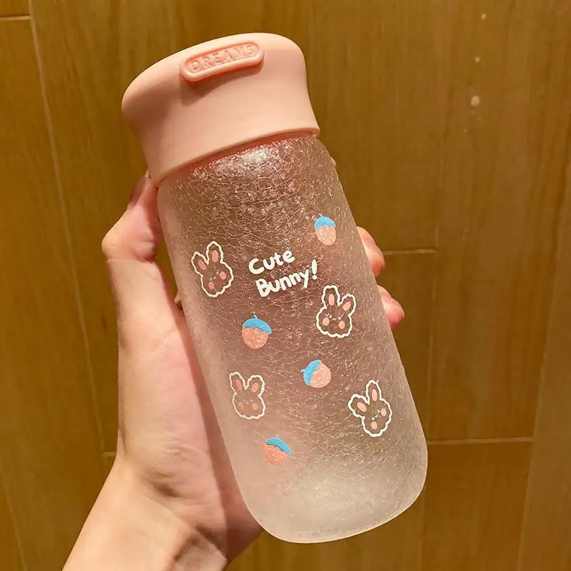 

Water Bottle Creative Cute Strawberry Bunny Student Cup Ice Pattern Glass Water Cup With Lid Juice Drink Water Cup Gift