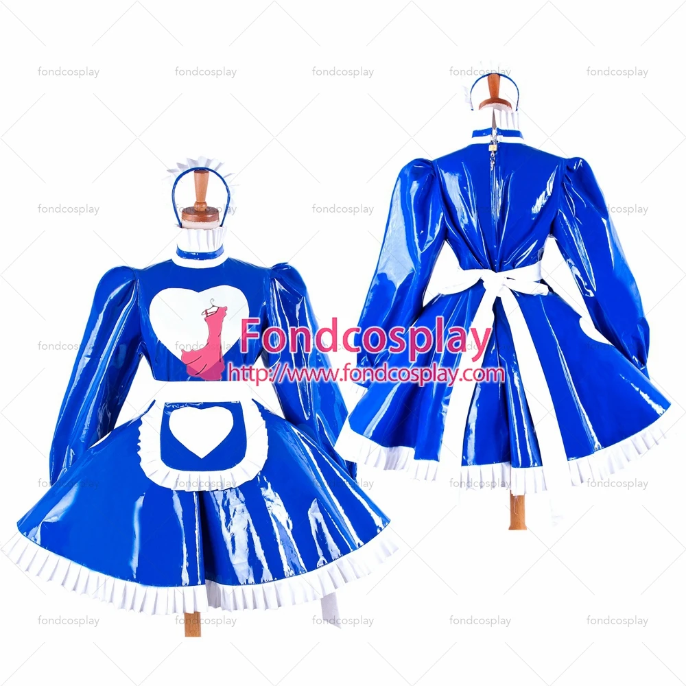 

fondcosplay sexy cross dressing sissy maid short heart heavy PVC Maid Dress lockable blue French Uniform Tailor-made [G1594]
